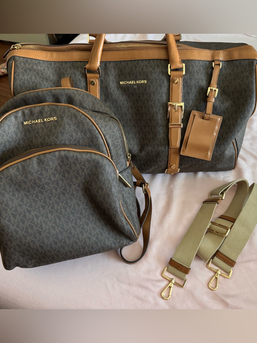 Michael Kors Brown Monogram Duffel and Backpack Set with Tan Trim